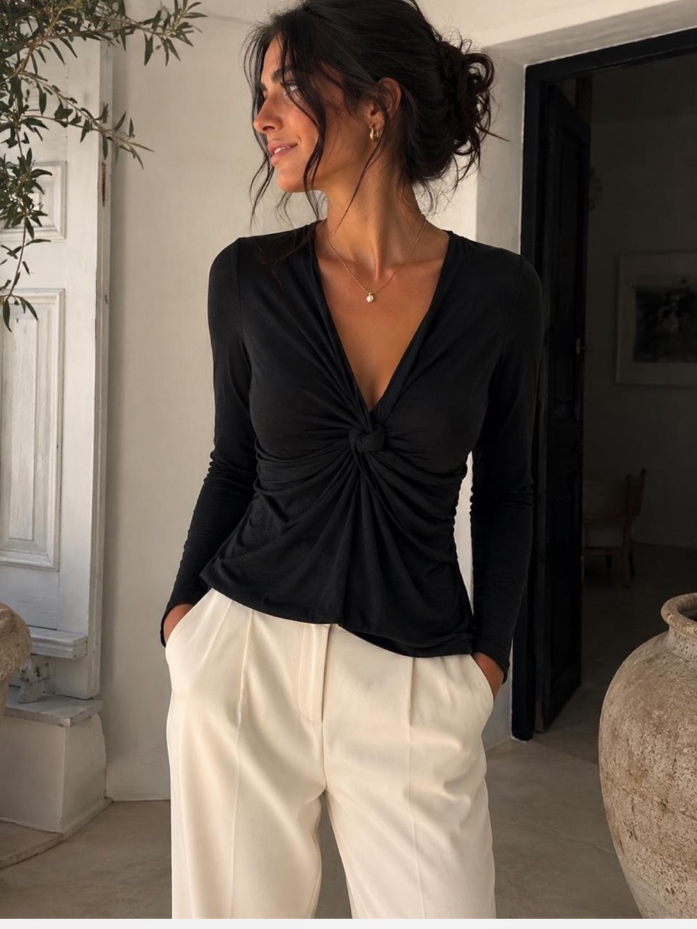 Boden Twist Front V-Neck Jersey Top Black Viscose Long Sleeve US 10